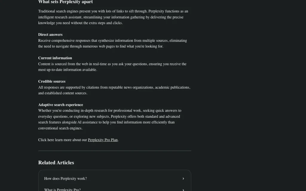 Perplexity help center — screenshot of the research & search AI tool, Oct 2, 2026