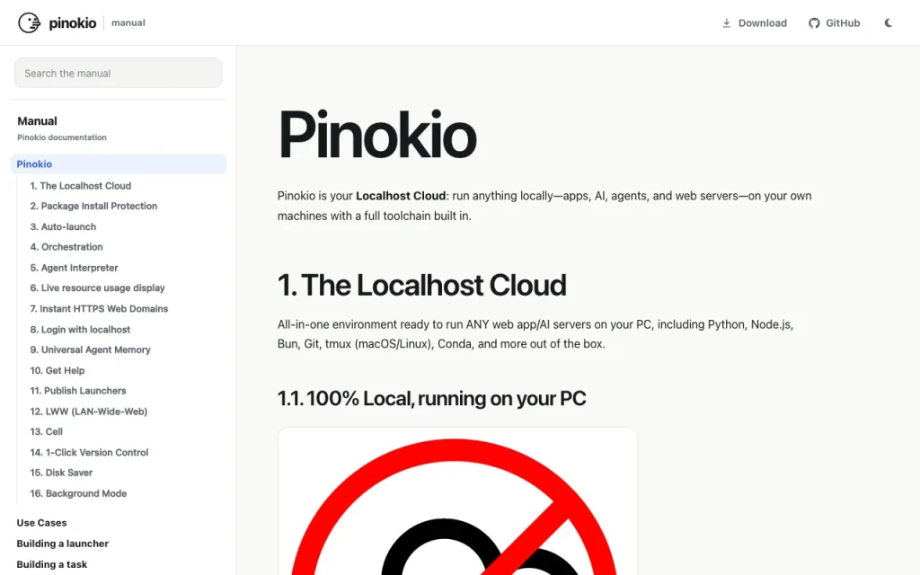 Pinokio documentation — capture d'écran de l'outil d'IA productivité et rédaction, Oct 1, 2026