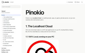 Pinokio documentation — screenshot of the productivity & writing AI tool, 2026-10-01