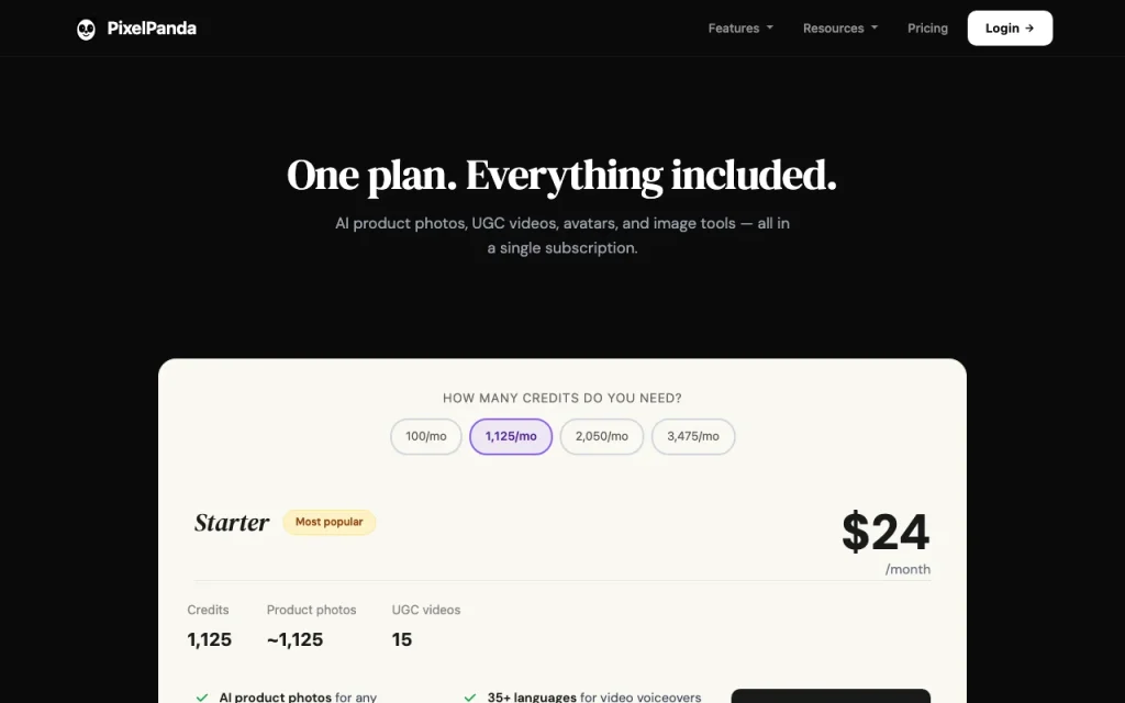 PixelPanda pricing page with plans and prices — screenshot of the image generation AI tool, Oct 1, 2026