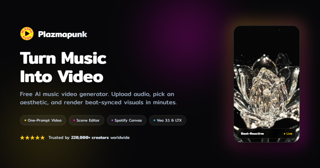 Plazmapunk homepage screenshot, video AI tool