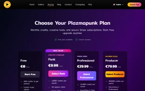 Plazmapunk pricing page with plans and prices — screenshot of the video AI tool, 2026-10-01