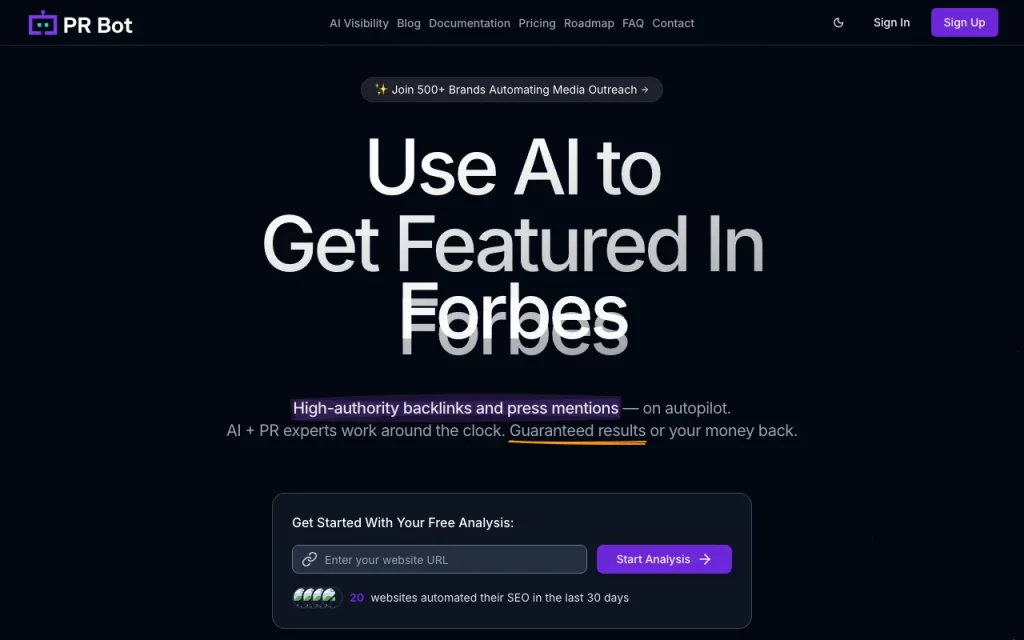 PRBot homepage — screenshot of the productivity & writing AI tool, Oct 1, 2026