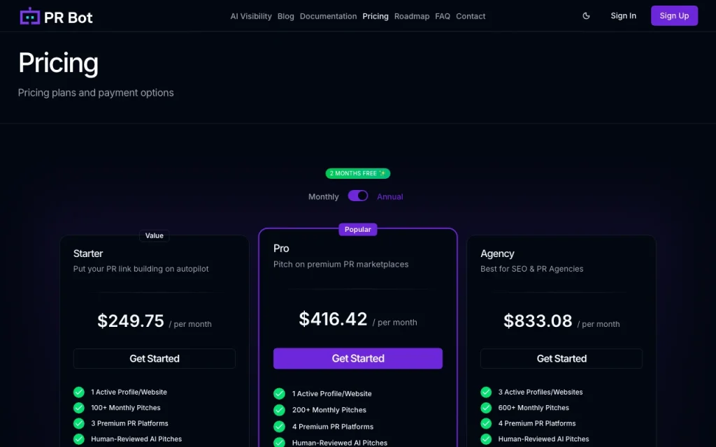 PRBot page de tarifs avec offres et prix — capture d'écran de l'outil d'IA productivité et rédaction, Oct 1, 2026