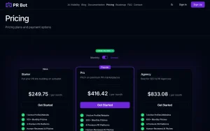 PRBot pricing page with plans and prices — screenshot of the productivity & writing AI tool, 2026-10-01