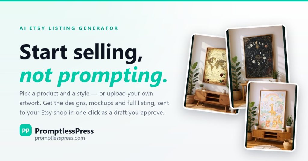PromptlessPress homepage screenshot, image generation AI tool