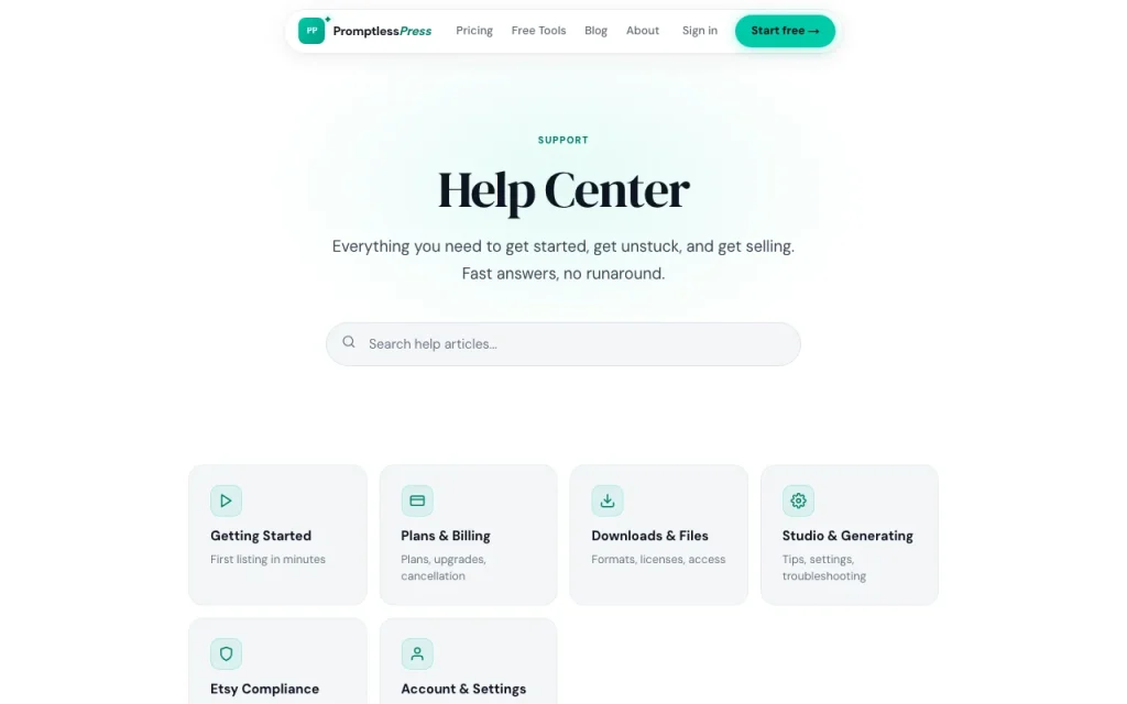 PromptlessPress help center — screenshot of the image generation AI tool, Oct 1, 2026