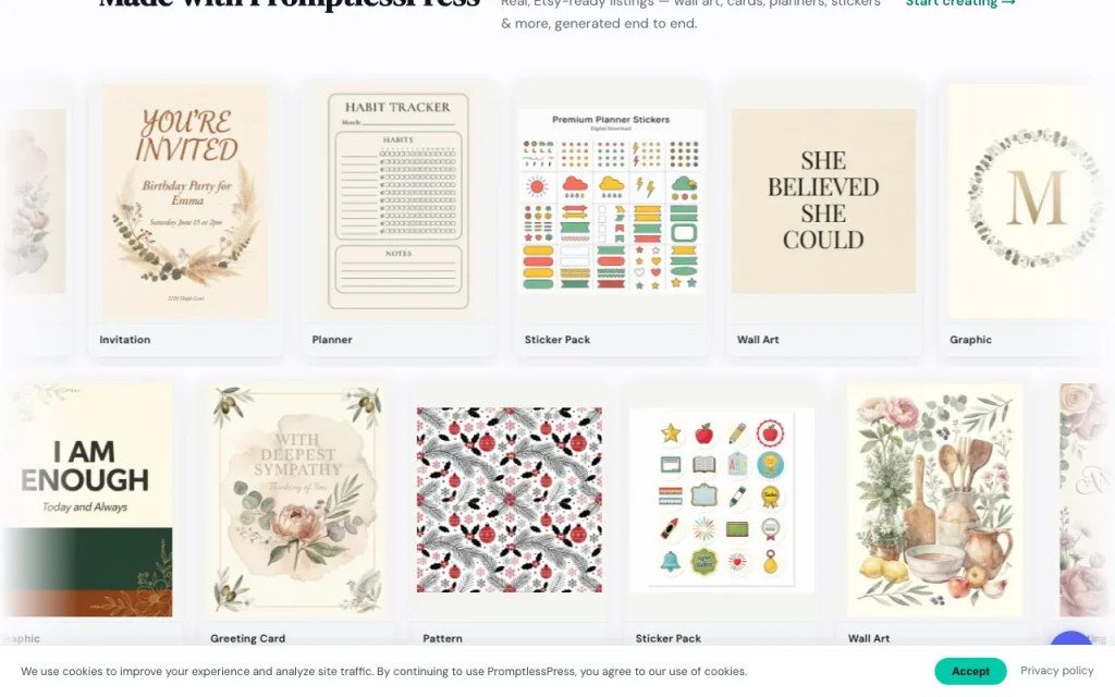 PromptlessPress homepage — screenshot of the image generation AI tool, Oct 1, 2026