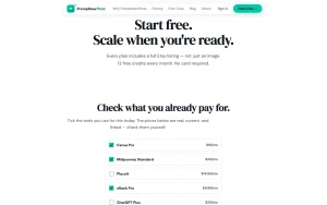 PromptlessPress pricing page with plans and prices — screenshot of the image generation AI tool, 2026-10-01