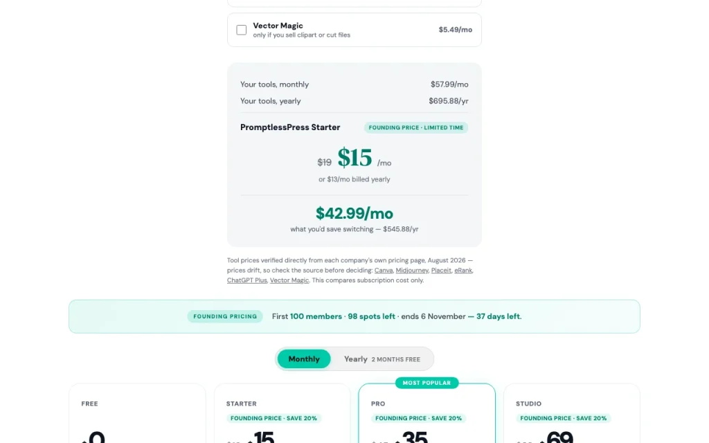 PromptlessPress pricing page with plans and prices — screenshot of the image generation AI tool, Oct 1, 2026