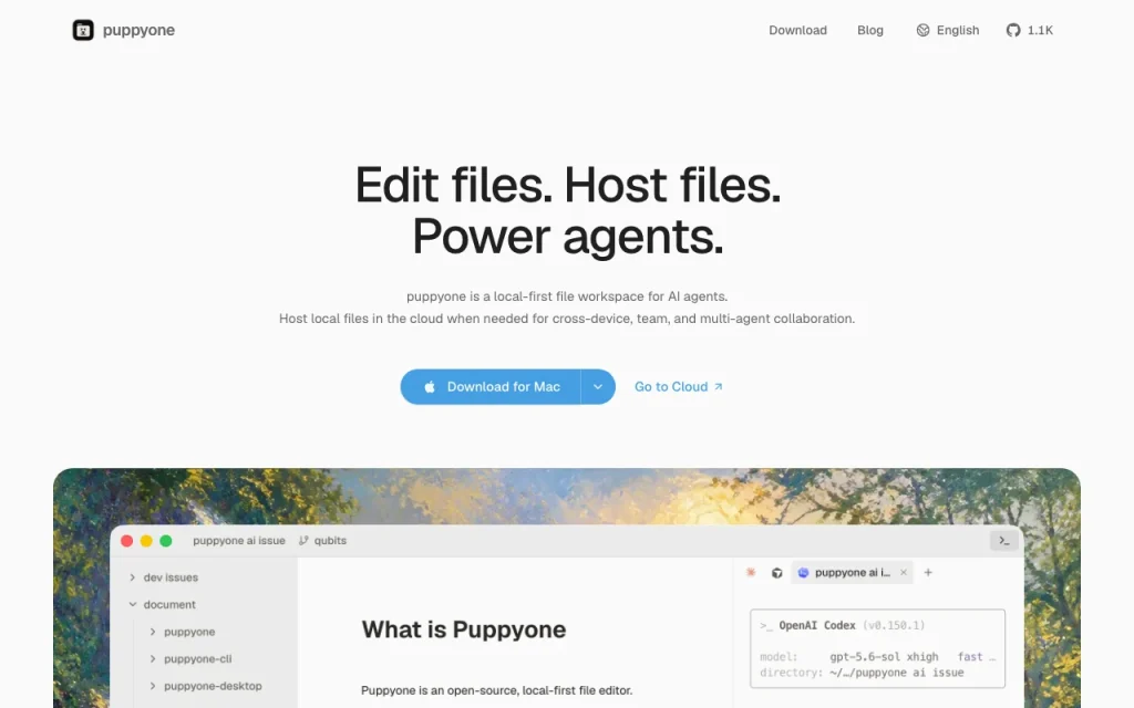 puppyone página principal — captura de pantalla de la herramienta de IA productividad y escritura, Oct 1, 2026