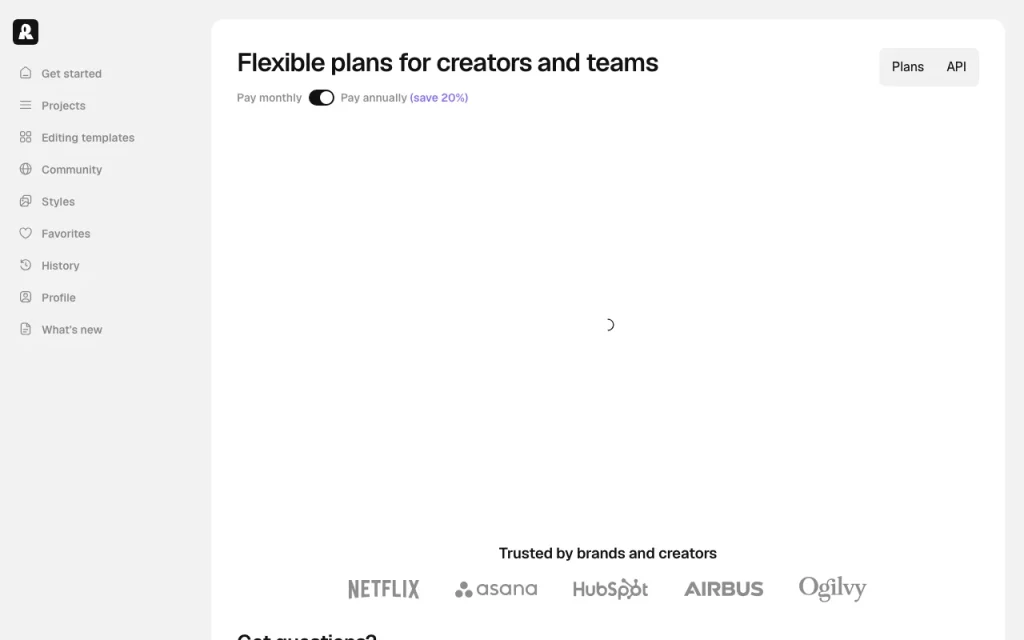Recraft page de tarifs avec offres et prix — capture d'écran de l'outil d'IA génération d'images, Oct 1, 2026