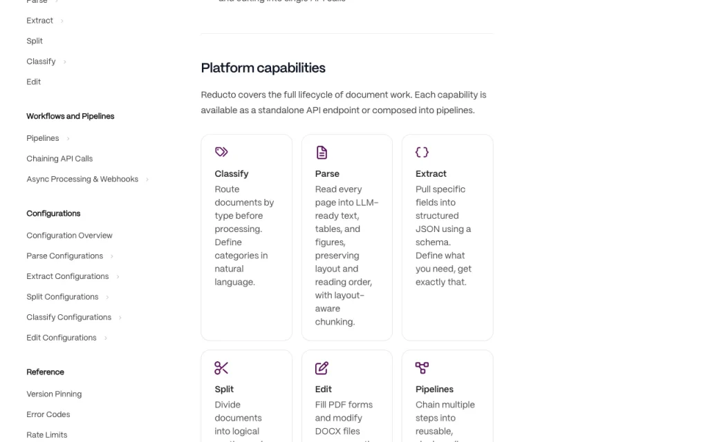 Reducto Dokumentation – Screenshot des KI-Tools produktivität & schreiben, Oct 1, 2026