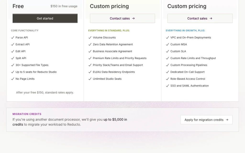 Reducto Preisseite mit Tarifen und Preisen – Screenshot des KI-Tools produktivität & schreiben, Oct 1, 2026