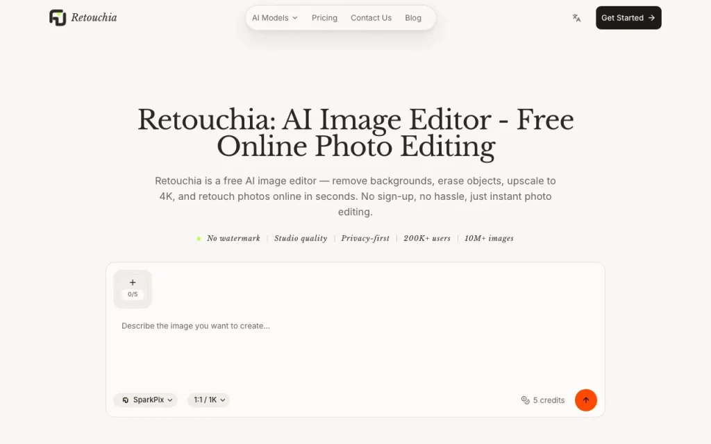 Retouchia homepage — screenshot of the image generation AI tool, Oct 1, 2026