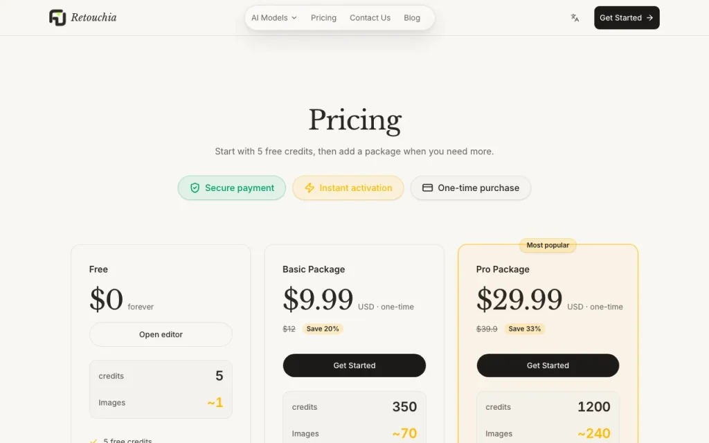 Retouchia página de precios con planes y precios — captura de pantalla de la herramienta de IA generación de imágenes, Oct 1, 2026