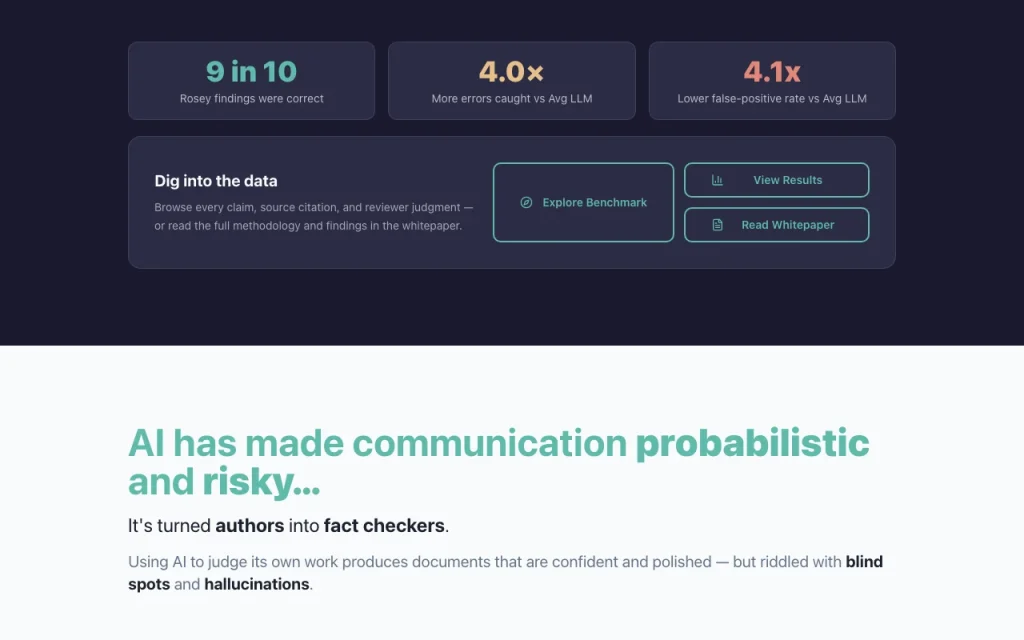 Rosey (by InSummary) homepage — screenshot of the productivity & writing AI tool, Oct 1, 2026