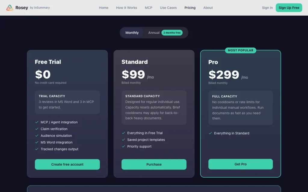 Rosey (by InSummary) pricing page with plans and prices — screenshot of the productivity & writing AI tool, Oct 1, 2026