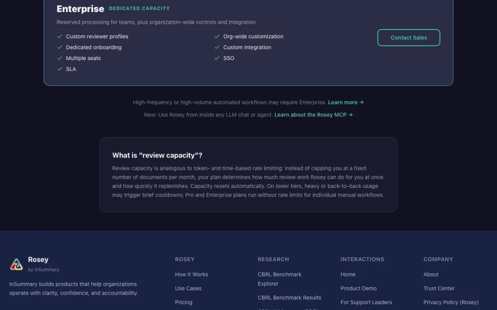 Rosey (by InSummary) pricing page with plans and prices — screenshot of the productivity & writing AI tool, Oct 1, 2026