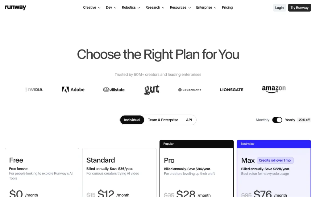 Runway pricing page with plans and prices — screenshot of the video AI tool, Oct 1, 2026