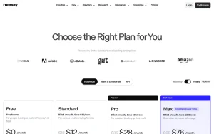 Runway pricing page with plans and prices — screenshot of the video AI tool, 2026-10-01