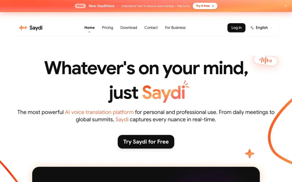 Saydi Startseite – Screenshot des KI-Tools audio & sprache, Oct 1, 2026