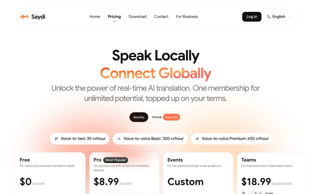 Saydi pricing page with plans and prices — screenshot of the audio & voice AI tool, Oct 1, 2026