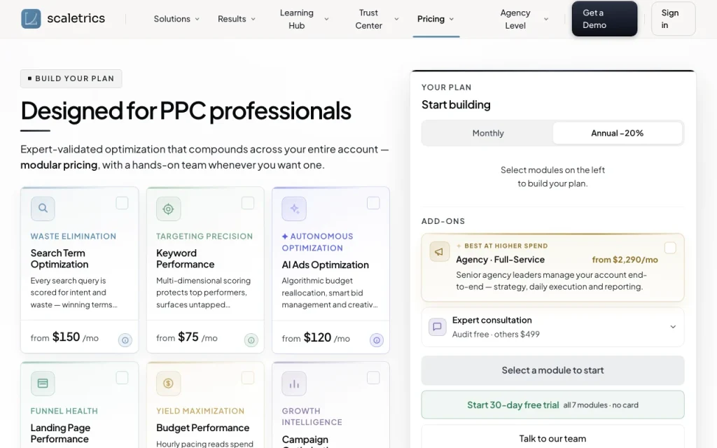 Scaletrics pricing page with plans and prices — screenshot of the productivity & writing AI tool, Oct 1, 2026