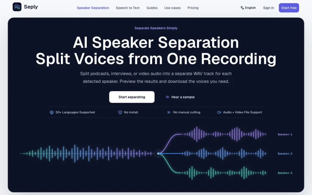 Seply homepage — screenshot of the audio & voice AI tool, Oct 1, 2026