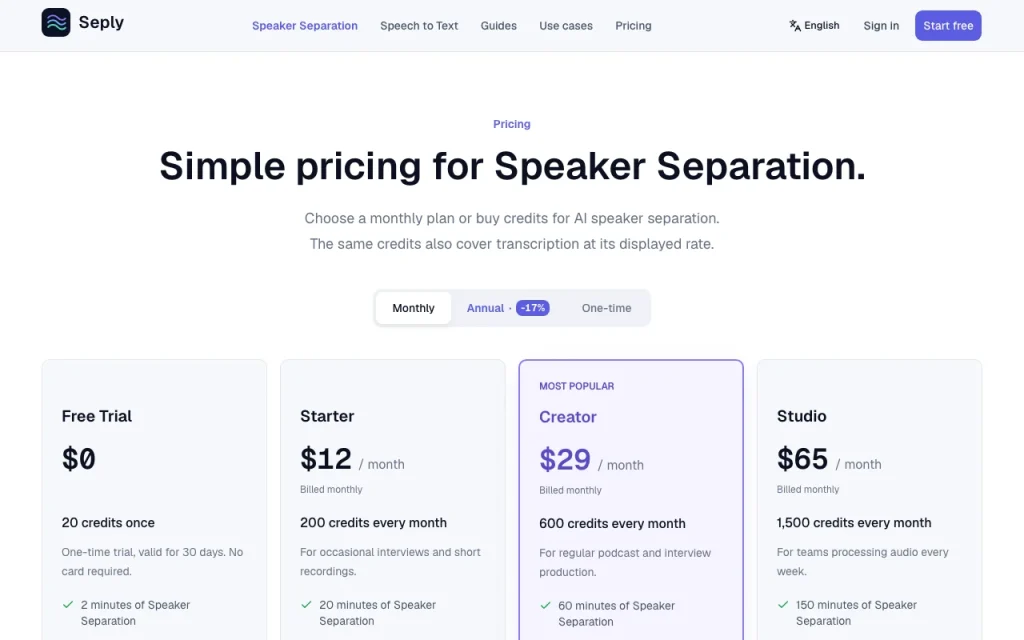 Seply pricing page with plans and prices — screenshot of the audio & voice AI tool, Oct 1, 2026