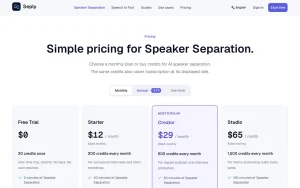 Seply pricing page with plans and prices — screenshot of the audio & voice AI tool, 2026-10-01