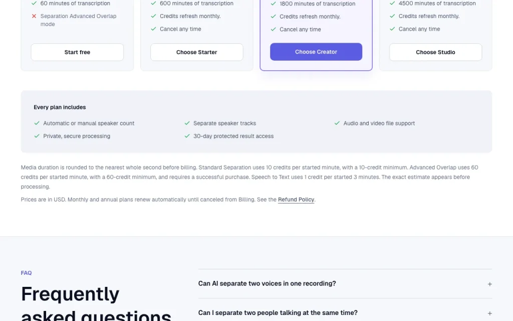 Seply pricing page with plans and prices — screenshot of the audio & voice AI tool, Oct 1, 2026