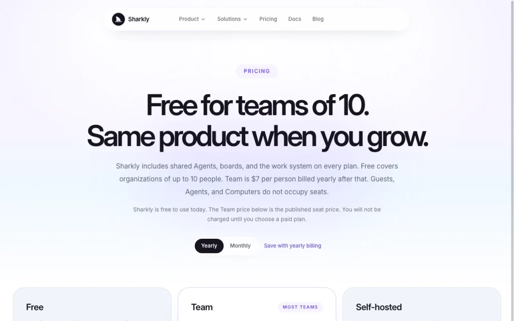 Sharkly pricing page with plans and prices — screenshot of the coding AI tool, Oct 1, 2026