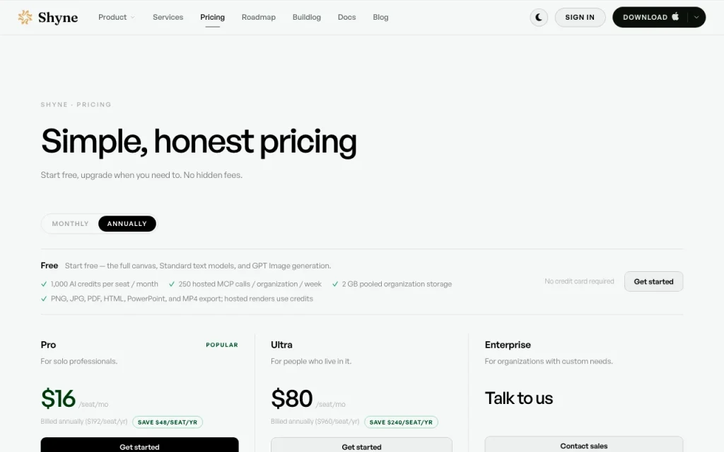 Shyne pricing page with plans and prices — screenshot of the image generation AI tool, Oct 1, 2026