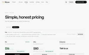 Shyne pricing page with plans and prices — screenshot of the image generation AI tool, 2026-10-01