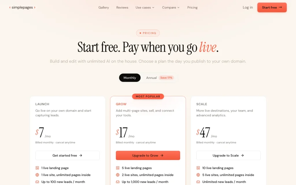 SimplePages page de tarifs avec offres et prix — capture d'écran de l'outil d'IA productivité et rédaction, Oct 1, 2026