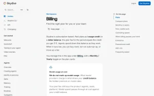 Skydive pricing page with plans and prices — screenshot of the productivity & writing AI tool, 2026-10-02