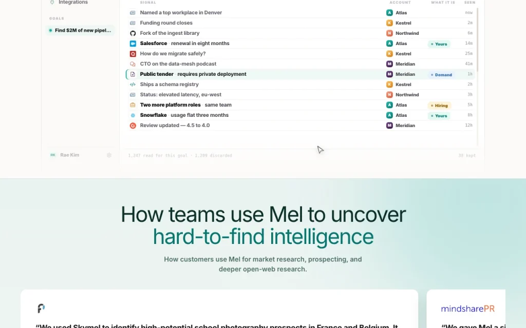 Skymel homepage — screenshot of the research & search AI tool, Oct 1, 2026