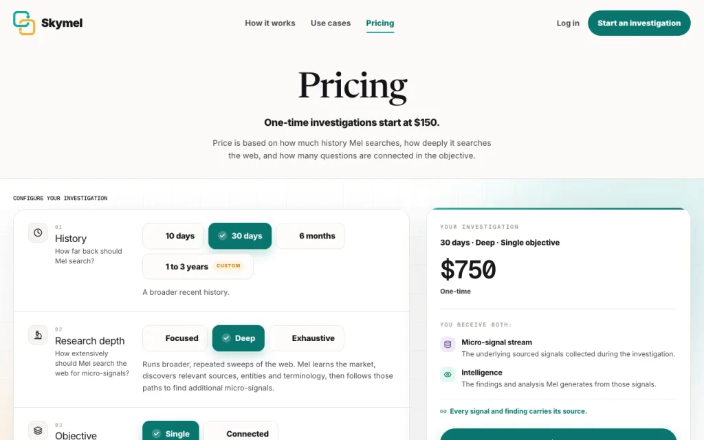 Skymel pricing page with plans and prices — screenshot of the research & search AI tool, Oct 1, 2026