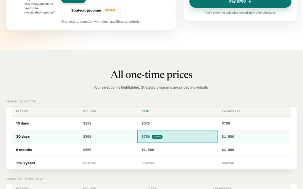 Skymel pricing page with plans and prices — screenshot of the research & search AI tool, Oct 1, 2026