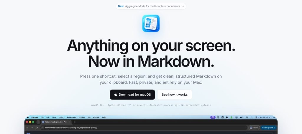 Capture d'écran de la page d'accueil de Snapdown, outil d'IA productivité et rédaction
