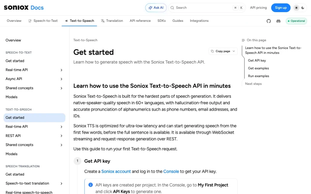 Soniox Text-to-Speech documentation — screenshot of the audio & voice AI tool, Oct 1, 2026