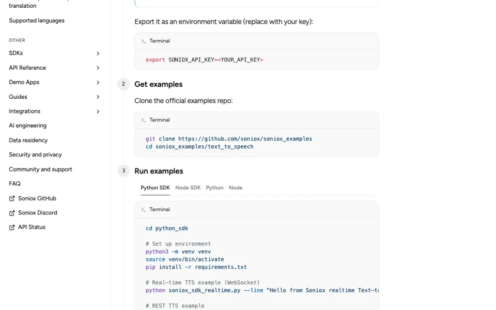 Soniox Text-to-Speech documentation — screenshot of the audio & voice AI tool, Oct 1, 2026