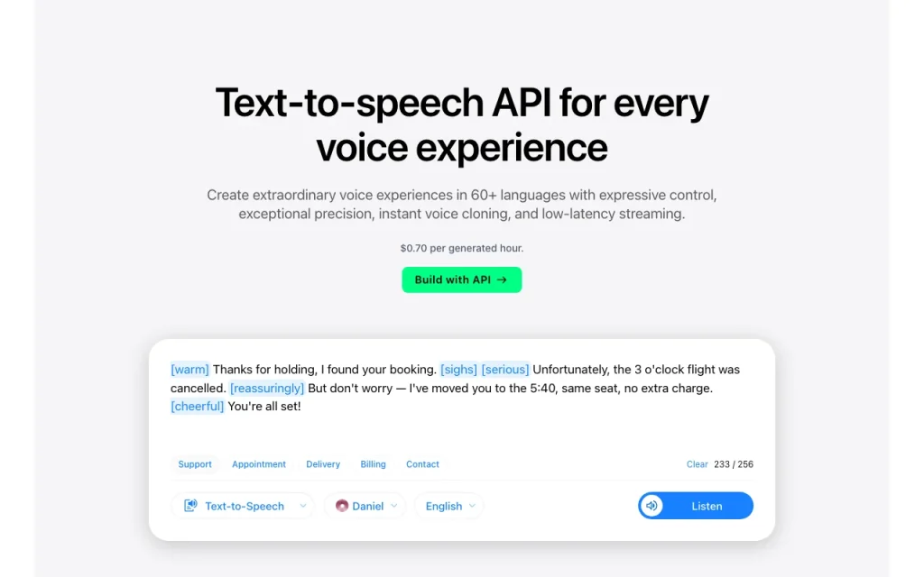 Soniox Text-to-Speech homepage — screenshot of the audio & voice AI tool, Oct 1, 2026