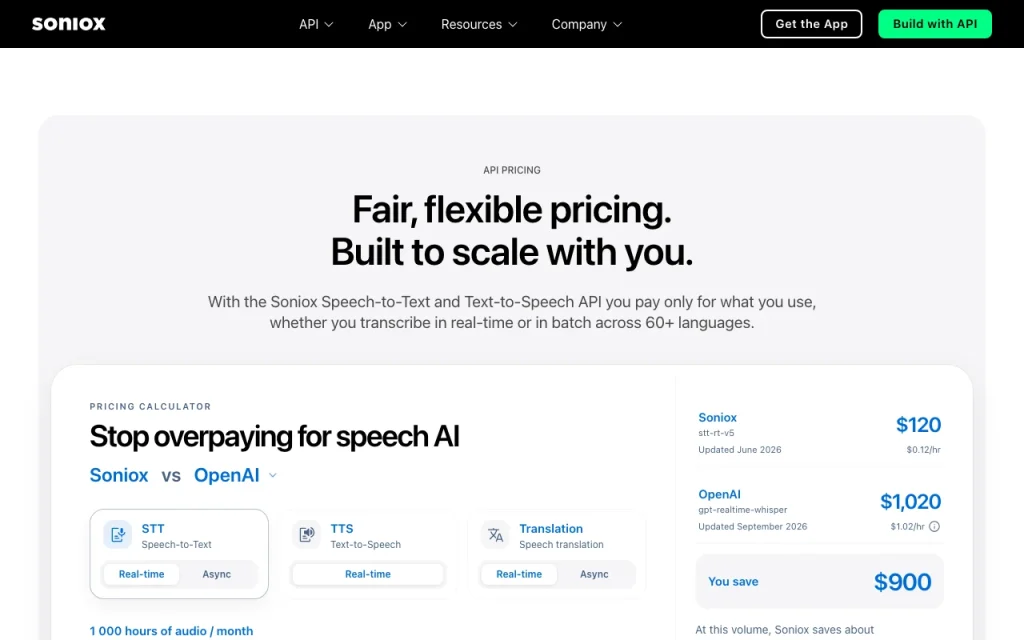 Soniox Text-to-Speech pricing page with plans and prices — screenshot of the audio & voice AI tool, Oct 1, 2026