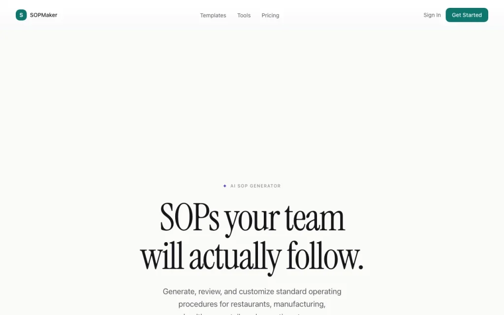 SOPMaker Startseite – Screenshot des KI-Tools produktivität & schreiben, Oct 1, 2026