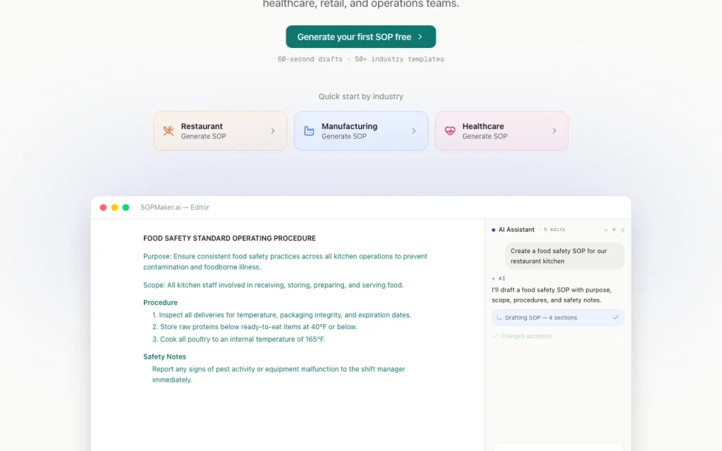 SOPMaker página principal — captura de pantalla de la herramienta de IA productividad y escritura, Oct 1, 2026