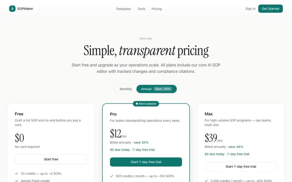 SOPMaker page de tarifs avec offres et prix — capture d'écran de l'outil d'IA productivité et rédaction, Oct 1, 2026