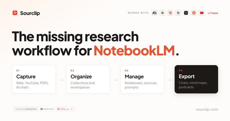 Sourclip homepage screenshot, research & search AI tool