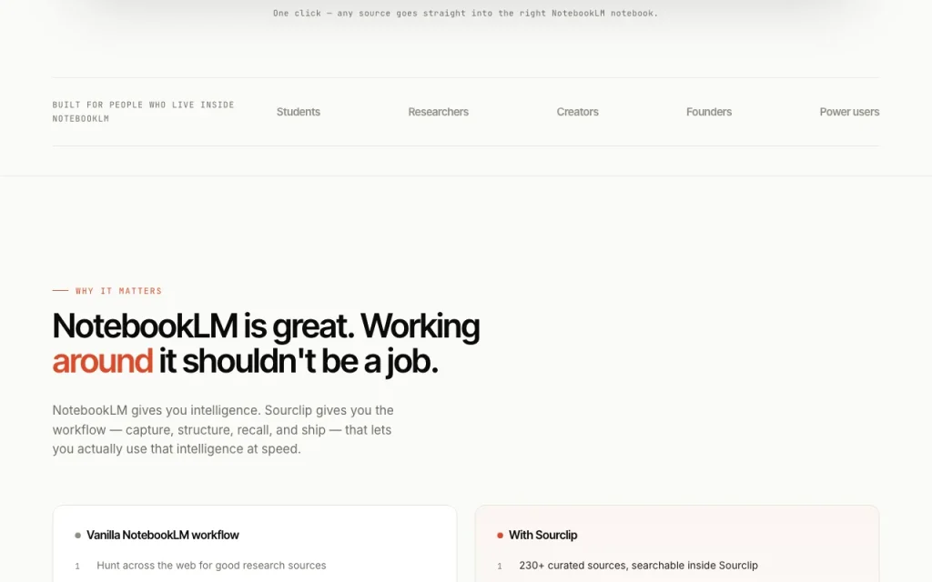 Sourclip homepage — screenshot of the research & search AI tool, Oct 1, 2026
